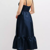 Acorn Shirred Ruffle Hem Midi Dress with Self-Tie Spaghetti Straps and Pockets in Midnight Navy - Image 3