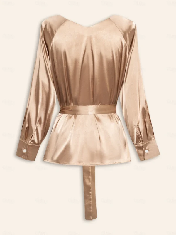 Acorn Satin Gold Belted V Neck Elegant Top - Image 3